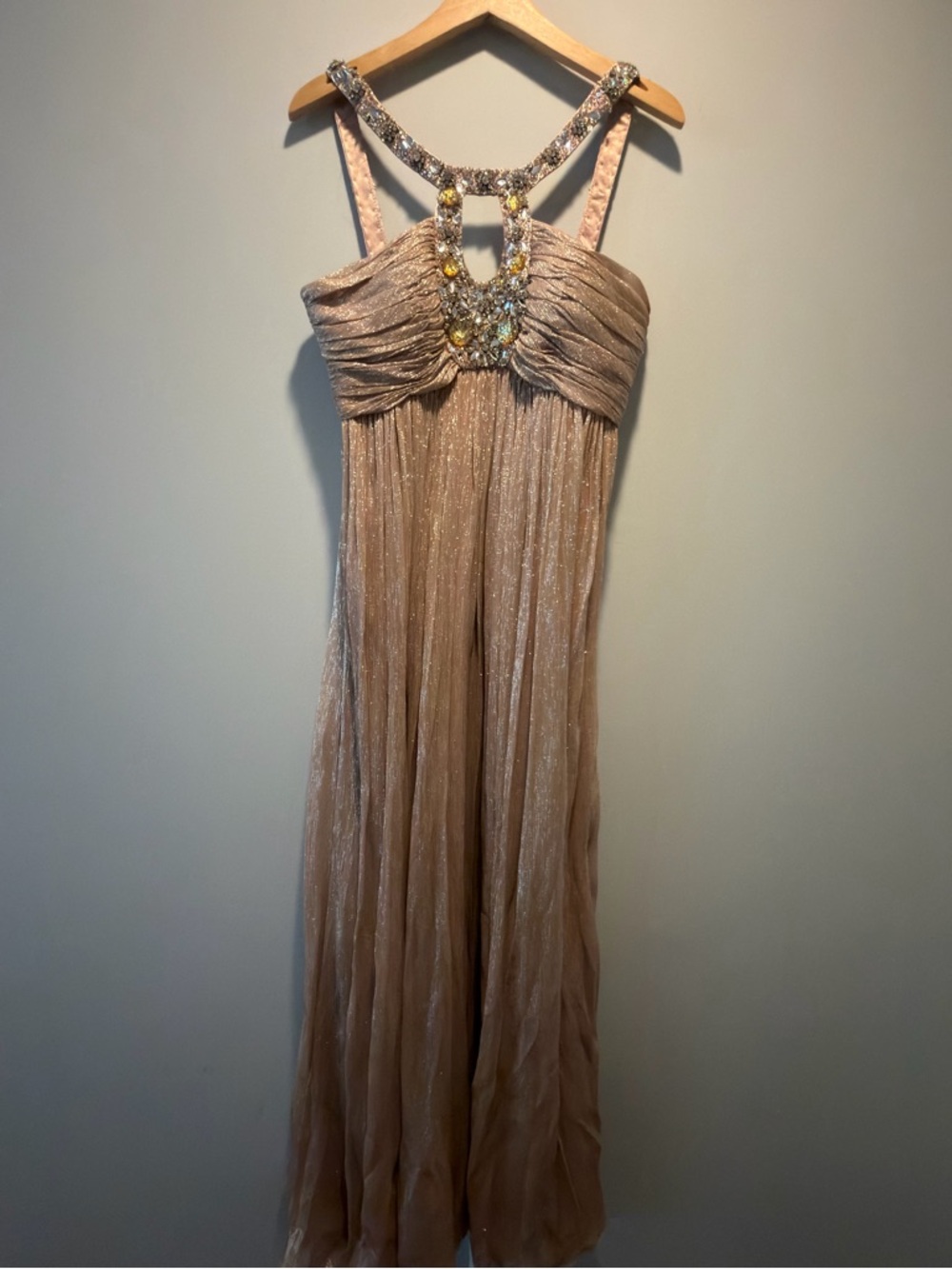 Jovani Nude Metallic Maxi Dress with Jeweled Halter
